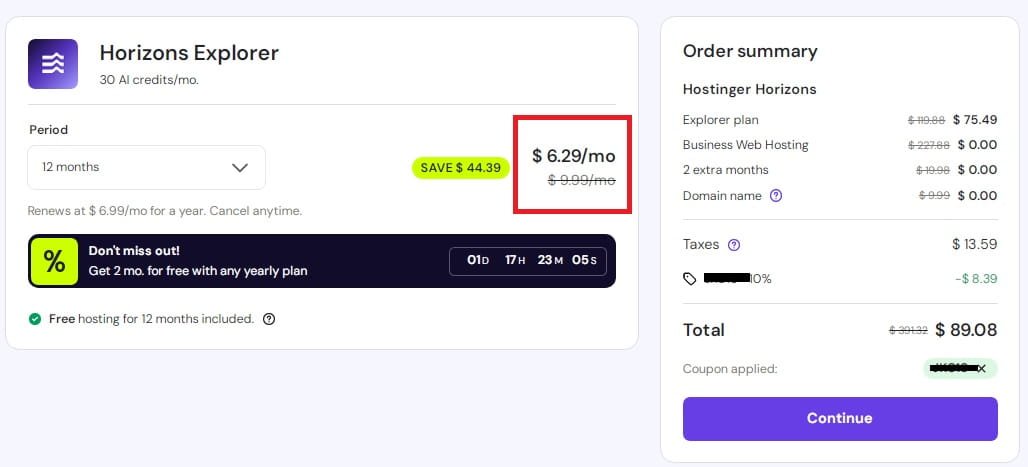 Hostinger Horizon Coupon Proof